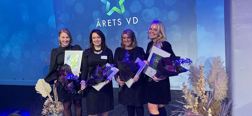 Vinnarna av utmärkelsen Årets VD 2022. Medelstora företag: Åsa Granlund, AA Logistik AB, Stora företag: Anna Borg, Vattenfall AB, Små företag: Tove Sventoft, Sibab Interior AB och Årets Unga VD: Madelene Törnblom, Maya Delorez AB.