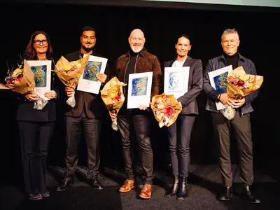 Vinnare av utmärkelsen Årets VD 2025: Marita Bertilson - Specsavers Sverige, Ross Montazeri – Aura Personal, Michael Swall – Pilotage Development, Anna Kleine – Fellowmind Sweden och Per-Anders Marberg – Bengt Dahlgren Brand & Risk.