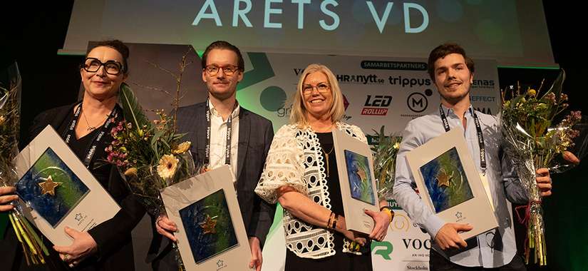 Vinnare av utmärkelsen Årets VD 2024: F.v. Maria Erdmann, GodEl i Sverige AB - medelstora företag, Oliver Lundgren, Skolon AB - små företag, Jessica Öberg, Combitech AB - stora företag och Jonathan Ortheden, Compileit Sweden AB - Årets Unga VD.