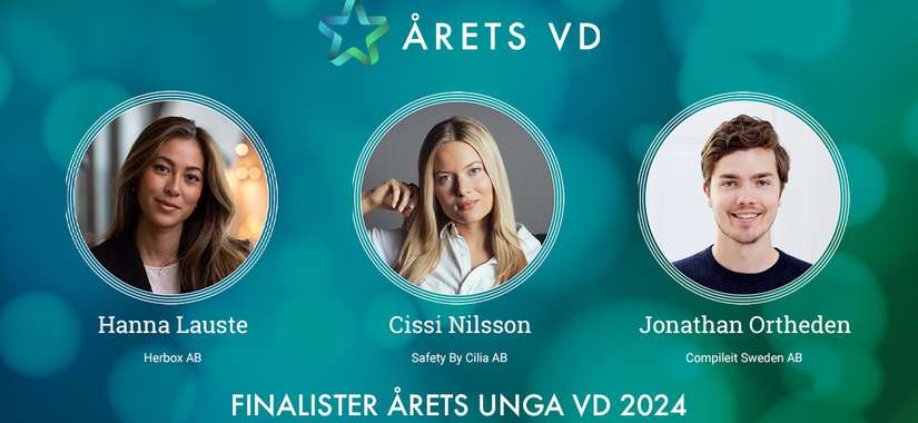 Finalister i kategorin Årets Unga VD 2024: Hanna Lauste - Herbox AB, Cissi Nilsson - Safety By Cilia AB, Jonathan Ortheden - Compileit Sweden AB.